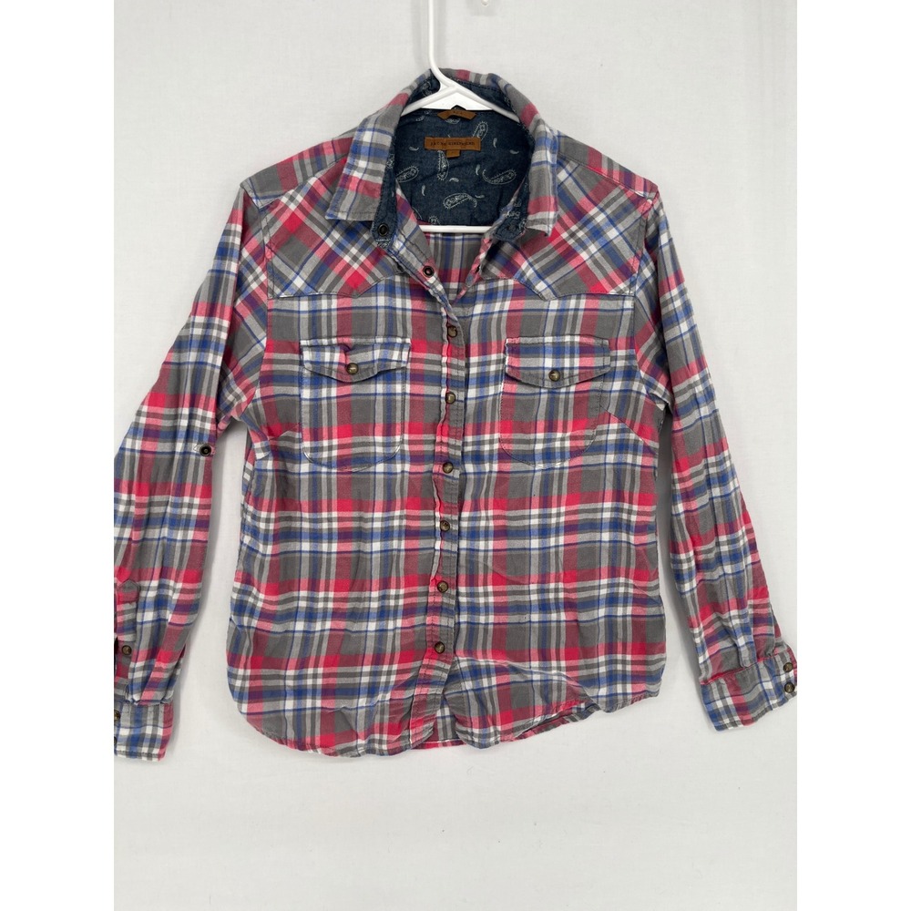 Jachs Girlfriend Womens Small Plaid Western Shirt Pink Gray Cotton pearl snap